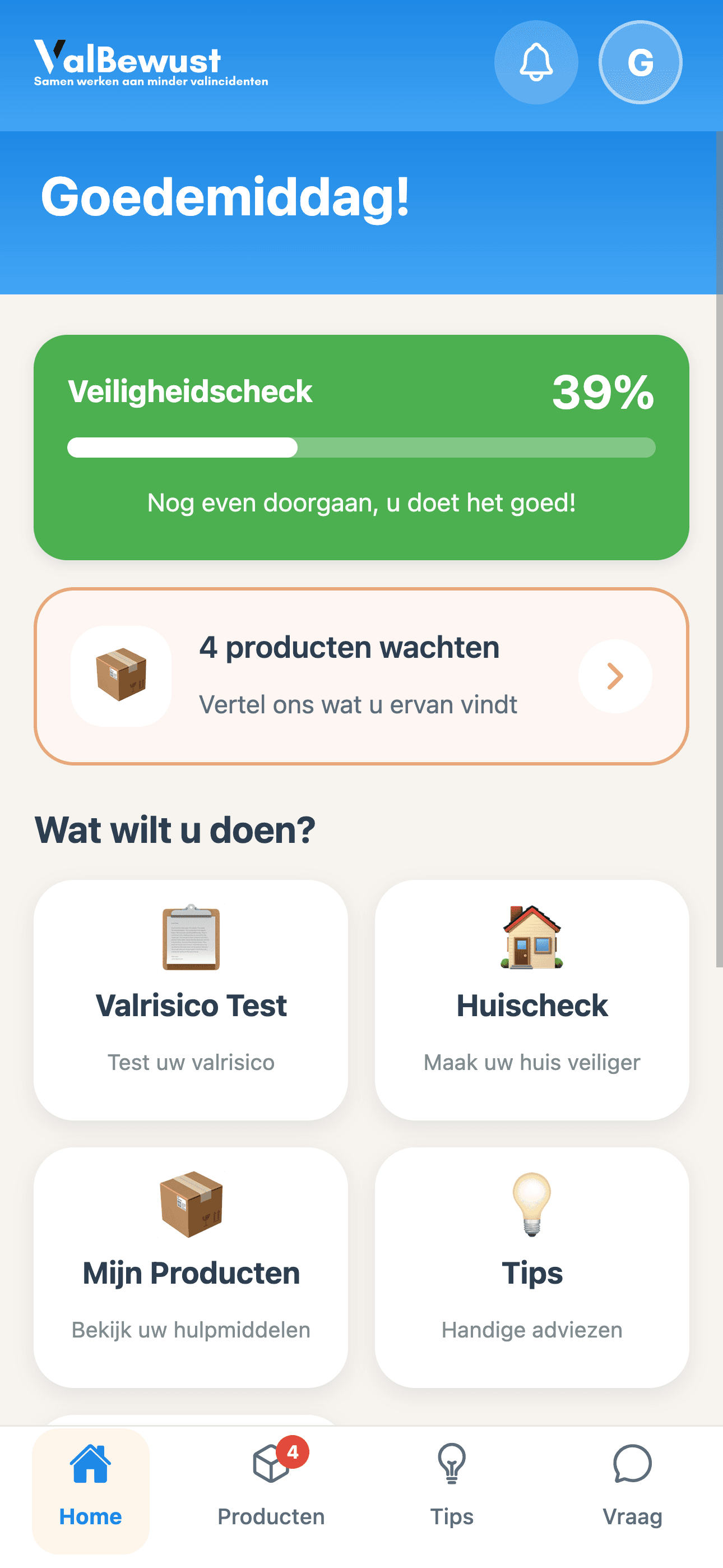 ValBewust app scherm met dagelijkse balansoefeningen en valpreventie tips